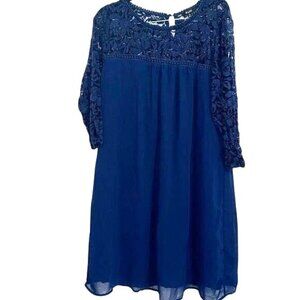 Navy Blue Lace Yoke & Sleeve A-Line Dress Size 16 By A.U.W.